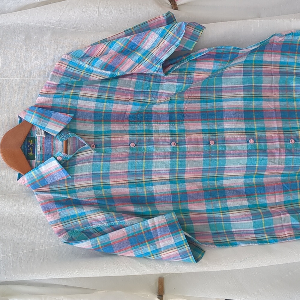 Paulo Conti Shirt Blue Pink Casual Button Down Shirt Plaid Medium
